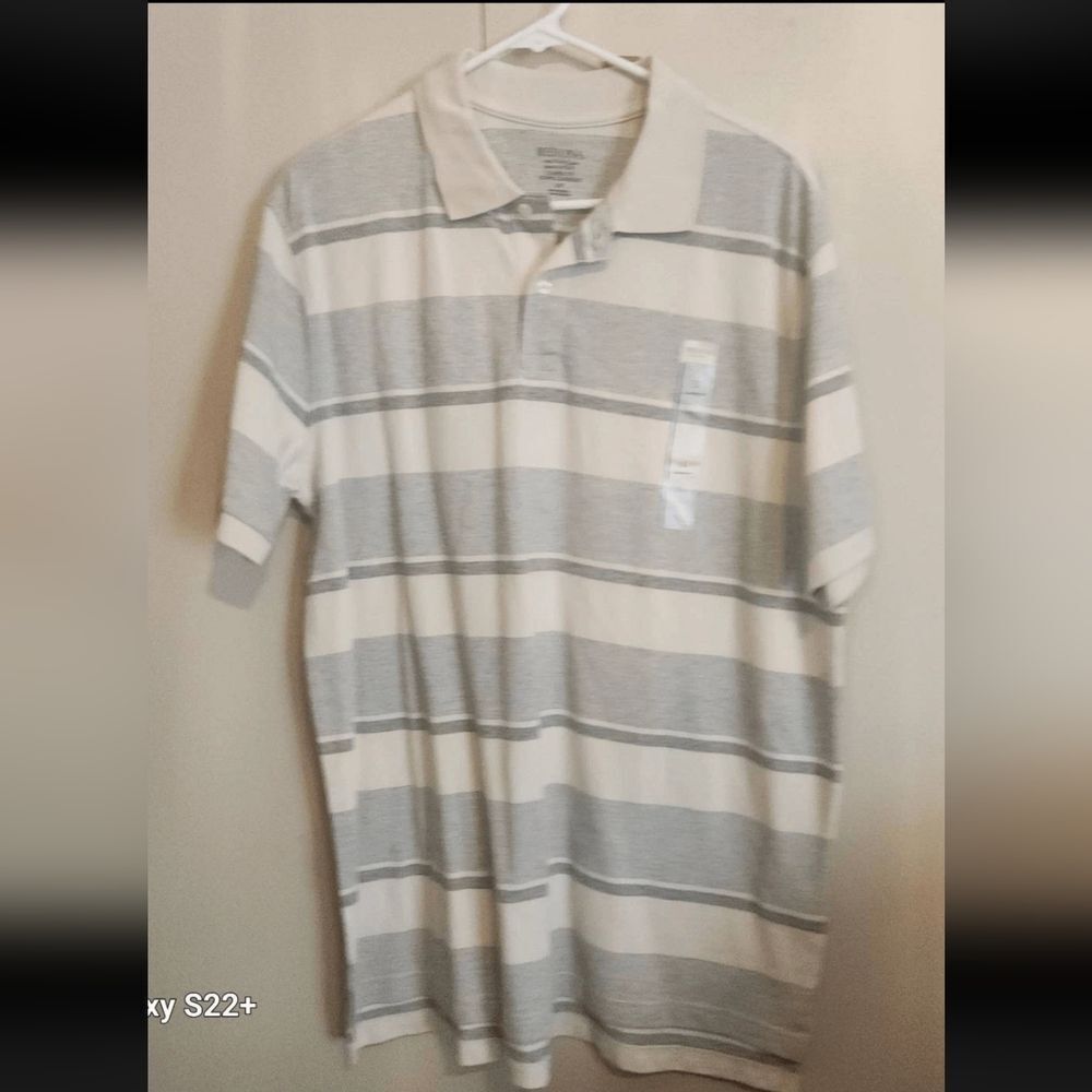 M57 Merona Ultimate Classic Fit No Roll Collar Cream Gray Striped Polo Shirt NWT